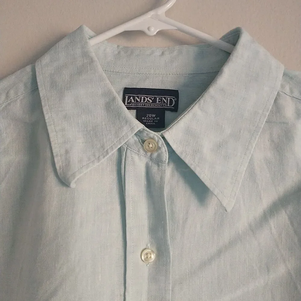 Lands End Shirt Tunic Dress Womens 20W 2X Blue Buttons Long Line Sleeve Slits